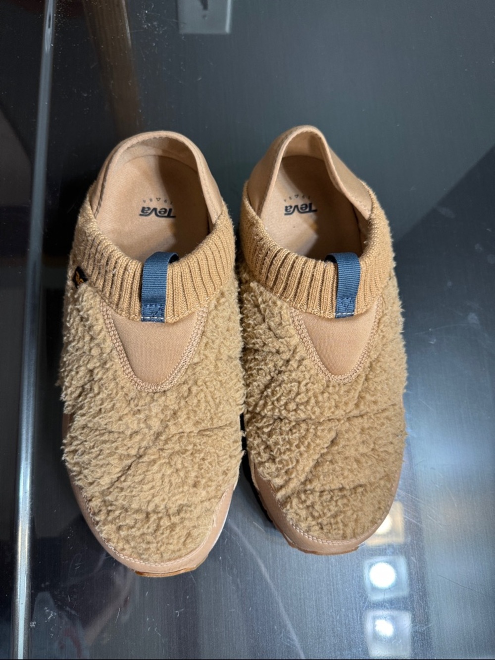 Teva Sherpa Slip-On Sneakers in Camel with Blue Pull Tab